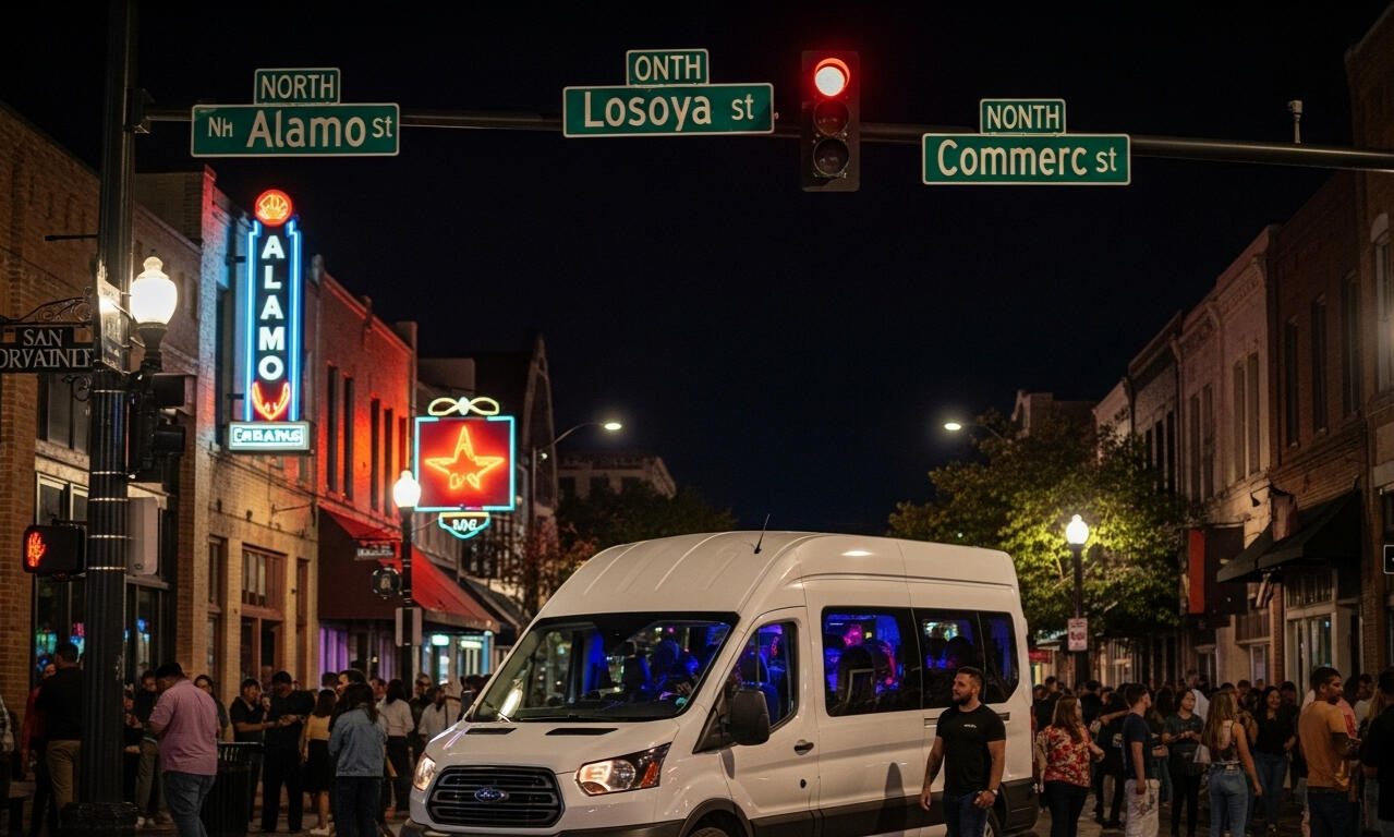 Van in the street with 3 San Antonio Street names and people walking. AI Generated