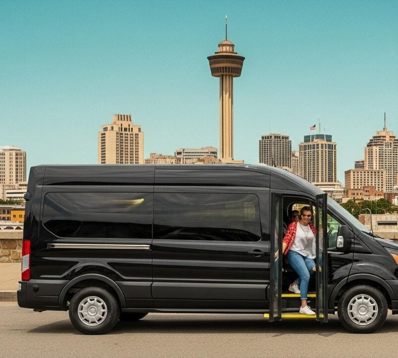 Woman in van with a view of San Antonio City